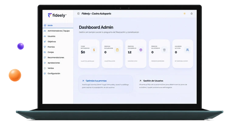 Panel administrativo de Fideely en escritorio